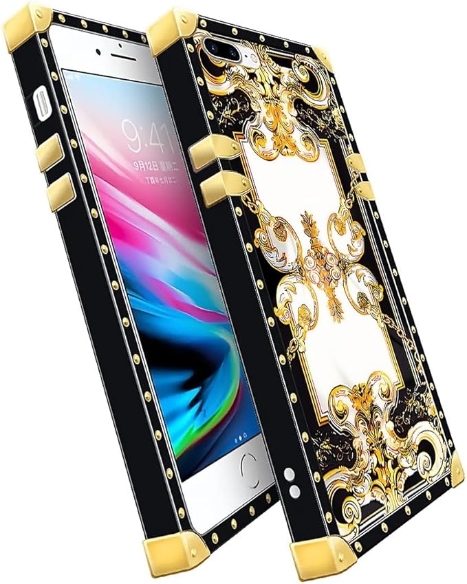 Compatible with iPhone 8 Plus 7 Plus Case, Gold Grain Flowers Luxury Golden Decoration for Girl Women Soft TPU Shockproof Protective Hard PC Back for iPhone 8 Plus 7 Plus