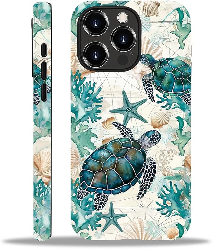 for iPhone 12 Pro Max Case,HH2 Ocean Sea Turtle Nautical Map Hybrid 2 Layer Hard Shell Silicone Protective Pattern Design Case