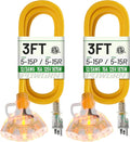 POWGRN 3 FT 2 Pack 12/3 Gauge Extension Cord with Multiple Outlets Outdoor, 3 Outlet Extension Cord Heavy Duty Yellow with Lighted, Tri-Tap Power Cable, 12AWG 15Amp 1875Watts 125Volts SJTW, ETL Listed