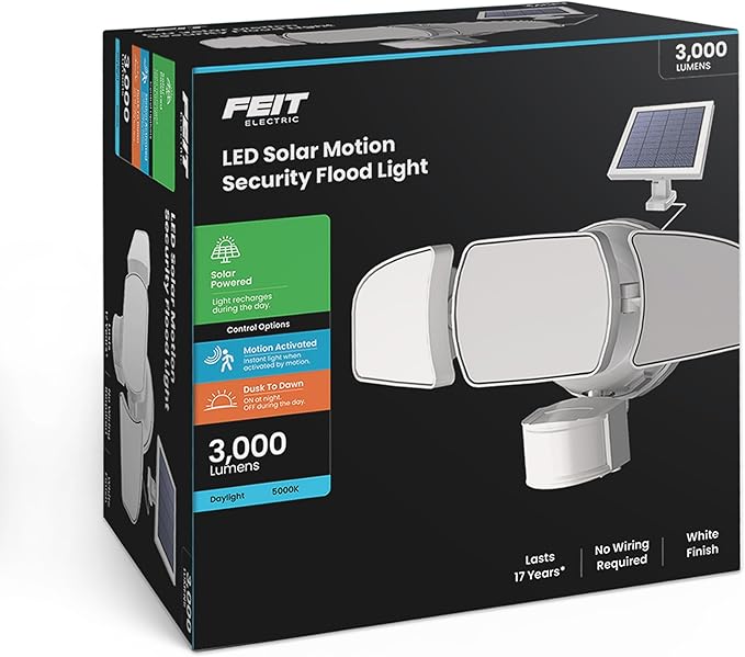 Feit Electric Outdoor LED Triple Head Solar Security Flood Lights with Motion Sensor, Dusk-to-Dawn Sensor, 3000 Lumens Floodlight, 5000K Daylight, No Hardwiring Needed, S13TFL/3000MOTSOL/WH