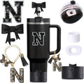 6pcs Black Stanley Cup Accessories Set, Bow Straw Topper for Stanley Cup 30oz 40oz, Including Straw Topper and Bow Silicone Boot, Stoppers Spill Proof, Handle Charm, Initials Sticker