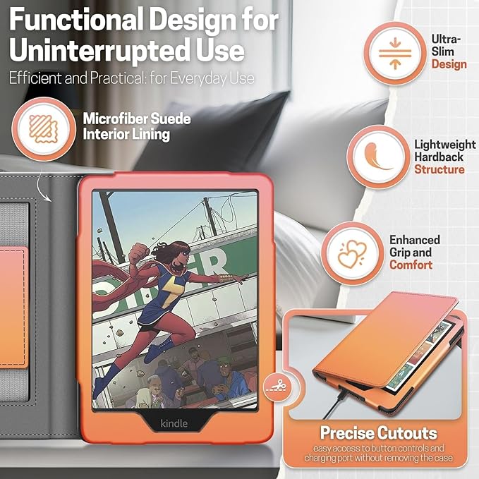 TNP Stand Case for Kindle Paperwhite 12th Generation 2024 / Kindle Colorsoft Signature Edition with Hand Strap & Card Slot - 7" PU Leather Protective Folio Cover with Auto Wake/Sleep, Pink Orange