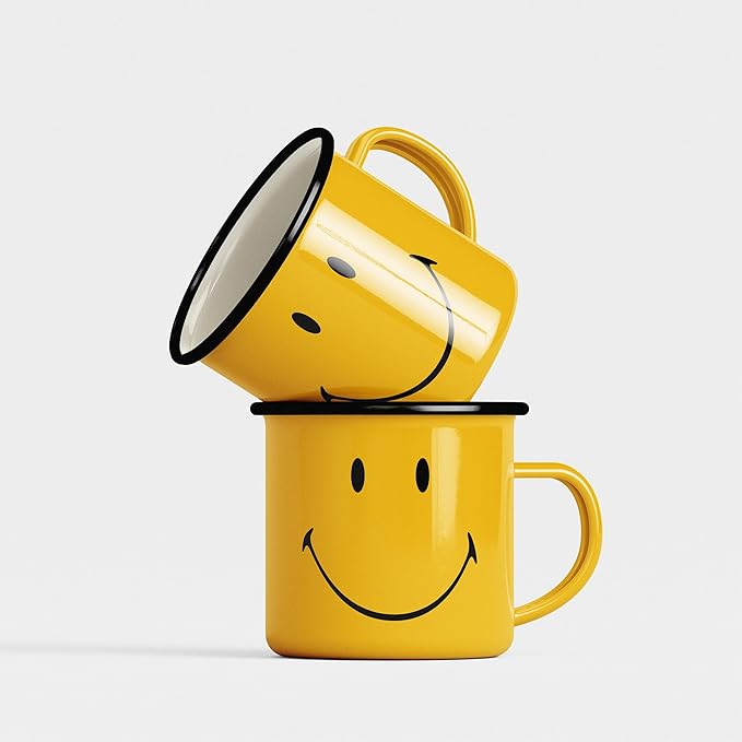 Suck UK Smiley Enamel Tea Mug - Coffee Cup - Camping Gear - Vintage Metal Camping Cup - Outdoor Camper Gift - Coffee Gifts for Men - Retro Enamelware - Stocking Stuffers Mug - Smiley Drinkware 12oz