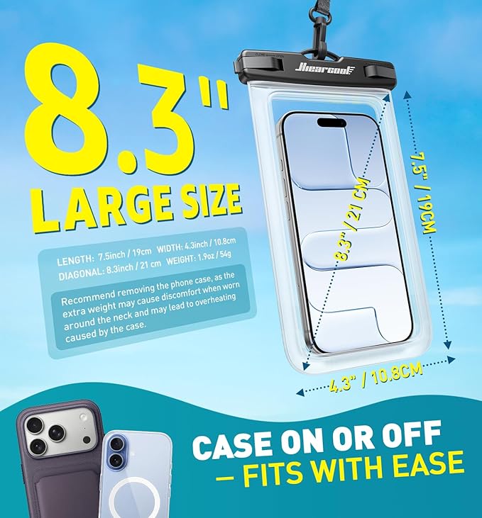 Hiearcool Waterproof Phone Pouch, Waterproof Phone Case, IPX8 Cellphone Dry Bag Compatible for iPhone 17 16 15 14 13 Pro Max Plus Cellphone Up to 8.3", Beach Essentials for Travel-Clear-4Pack