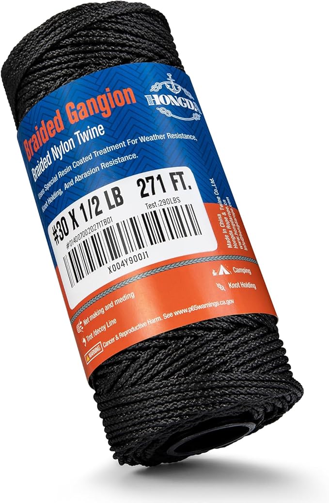 HONGDA Braided Black Nylon String, #30 Tarred Bank Line Twine, 271 Feet Black Tarred String for Gardening, Construction, Gear Tying, Jungle Survival