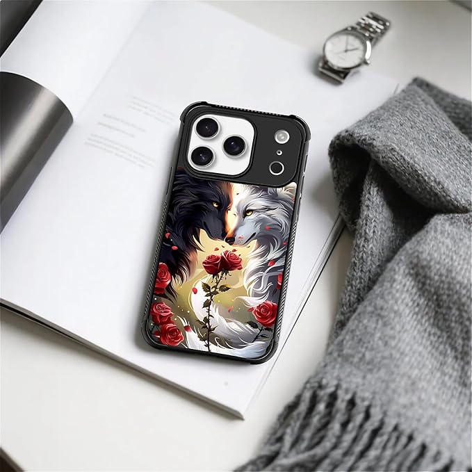 for iPhone 17 Pro Case,for MagSafe Graphic Design for Girl Boy Soft Silicone Hard Acrylic Shock Protection Designed for iPhone 17 Pro Black White Wolf Moon Flower Rose Pattern