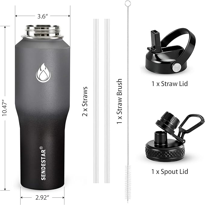 SENDESTAR Water Bottle 32oz,Wide Mouth Stainless Steel Vacuum Insulated Double Wall Keep Liquids Cold or Hot All Day,Sweat Proof Sport Design,Fit Car Cup Holder,2 Lids(Straw and Spout lid)(Gray&Black)
