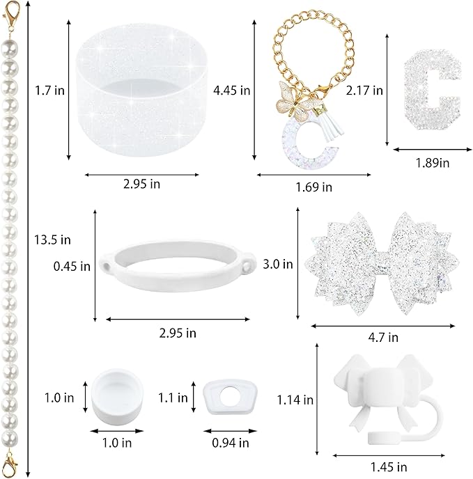 9PCS White for Stanley Cup Accessories Set Bling Initials Bow Charms for Stanley Decorations 30/40 Oz Tumbler Accessories Including Bow Straw Topper, Handle Strap, Spill Stopper（Letter C）