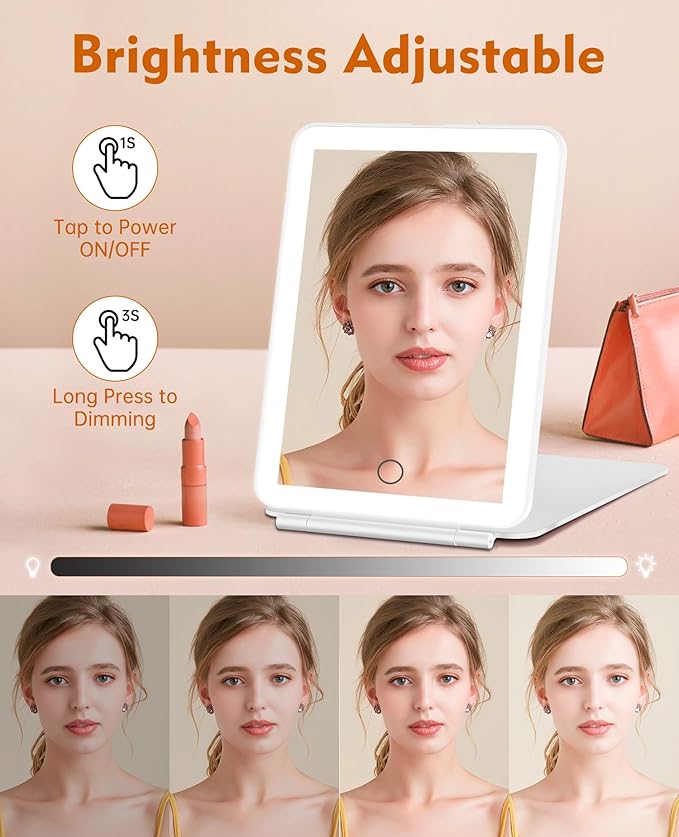 FUNTOUCH Rechargeable Travel Makeup Mirror with Lights and 10X Magnifying Mirrors, Portable Lighted Vanity Mirror with 80 Led,2000mAh Battery,3 Color Lighting,Touch Dimming,Tabletop Light up Mirror