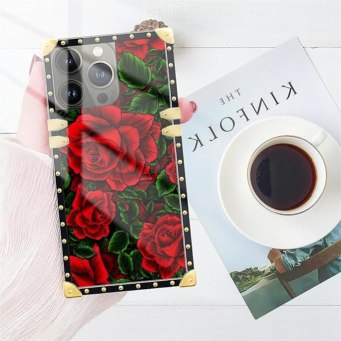 Compatible with iPhone 13 Pro Case, Vector Red Rose Green Leaf Luxury Golden Decoration for Girl Women Soft TPU Shockproof Protective Hard PC Back for iPhone 13 Pro