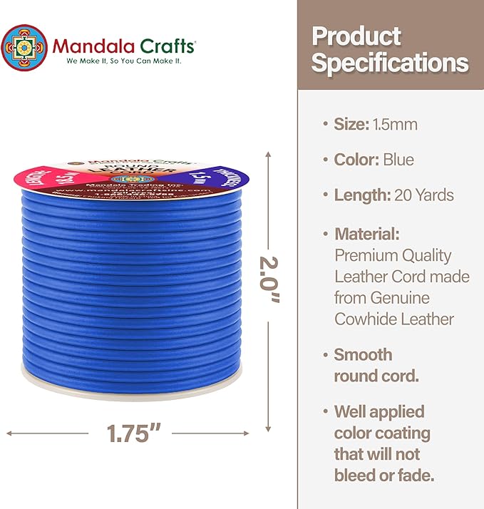 Mandala Crafts Round Genuine Blue Leather Cord for Jewelry Making – 1.5mm Cowhide Leather Rope String Lace for Kumihimo – 20 Yards Cowhide Craft Cording Spool