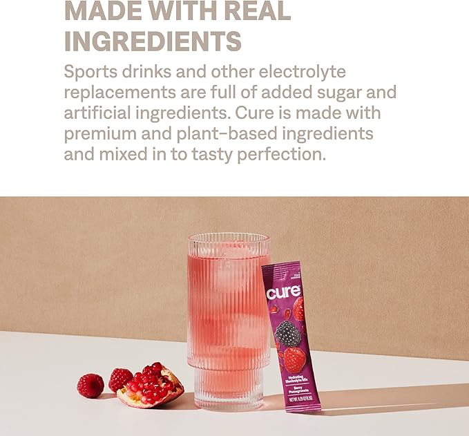 Cure Hydration | Plant-Based Electrolyte Drink Mix | No Added Sugar | FSA-HSA | Dehydration Relief Powder Made with Coconut Water | Non-GMO | Vegan | Box of 8 Packets - Berry Pomegranate