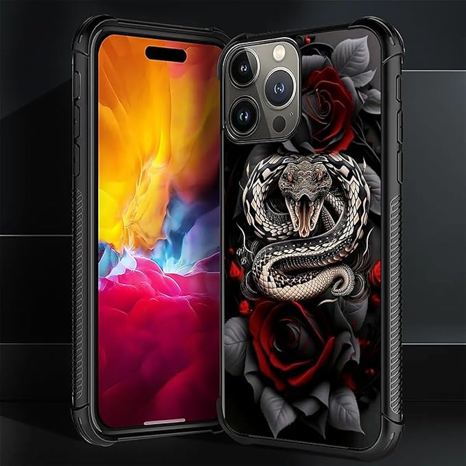 for iPhone 16 Pro Max Case, Entwined Rose Snake Pattern Graphic Design Girl Boy Soft Silicone Hard Acrylic Shock Protection for iPhone 16 Pro Max
