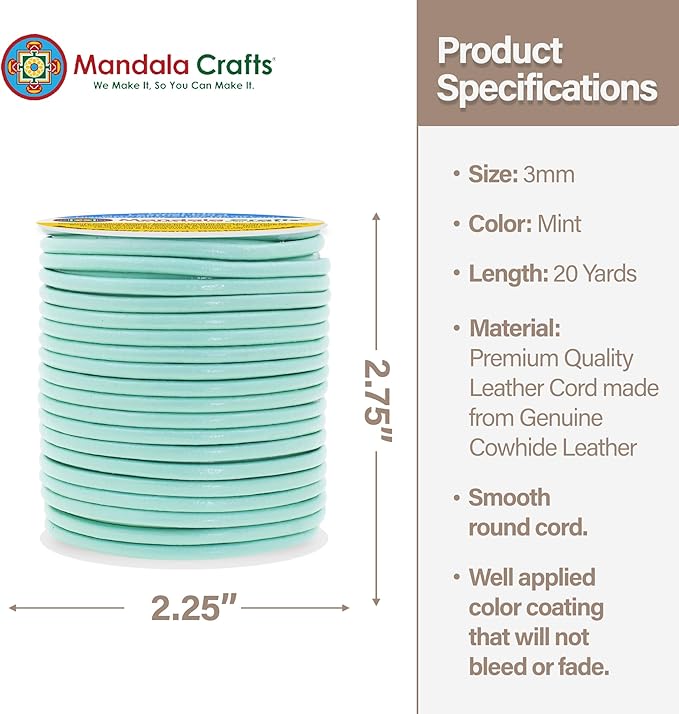 Mandala Crafts Round Genuine Mint Leather Cord for Jewelry Making – 3mm Cowhide Leather Rope String Lace for Kumihimo – 20 Yards Cowhide Craft Cording Spool