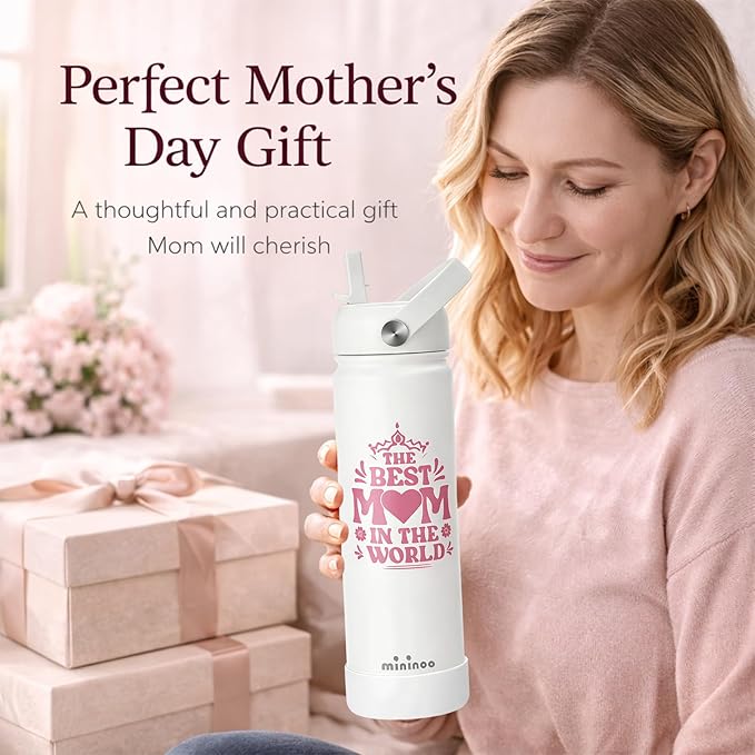 mininoo Mothers Day Gifts for Mom, 24 oz Insulated Stainless Steel Water Bottle with Straw Lid, Fits Cup Holders, Birthday Gifts for Mom