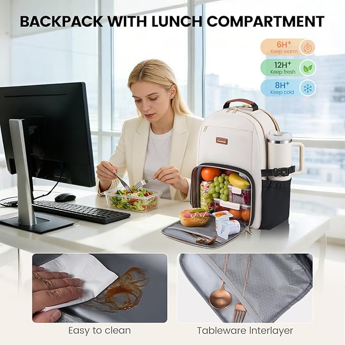 LOVEVOOK Lunch Backpack with Lunch Compartment,17 Inch Laptop Work Travel Insulated Cooler Backpack,Waterproof College Teacher Lunch Bag Box with Tumbler Holder,Gifts for Men Women,Beige-Black-Brown