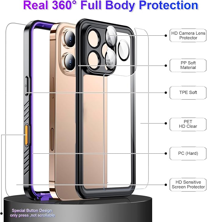 Temdan Compatible with iPhone 16 Pro Max Case Waterproof, Built-in Screen & Camera Protector IP68 Underwater Full Body 16FT Military Dropproof Shockproof Phone Case 6.9"-Purple/Clear