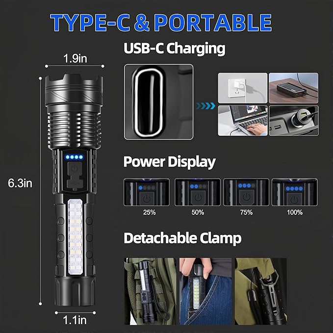 Rechargeable Flashlights High Lumens, 7Mode LED Flashlight Rechargeable, Super Bright Flashlight Powerful, IPX6 Waterproof, Adjustable Tactical Flashlights for Home Emergencies Camping, 2 Pack