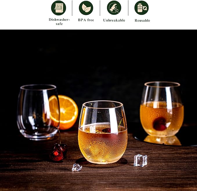 18oz Clear Stemless Wines Cups (Set of 8), Shatter-Proof Acrylic Glasses Drinkware, Reusable Plastic Bar Glasses, BPA-Free, Dishwasher-Safe