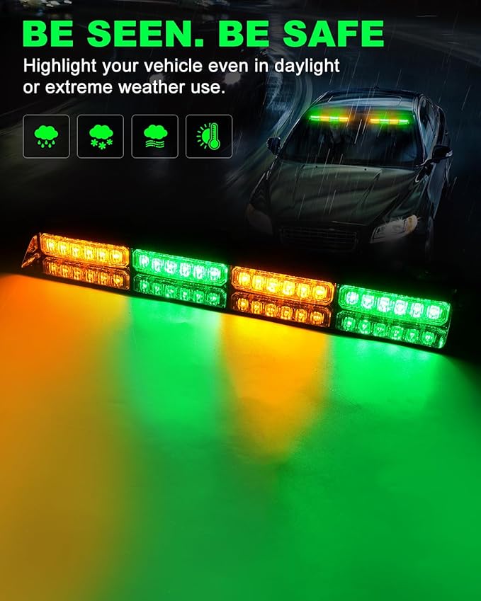 HLauto 6Z4J Emergency Dash Strobe Lights: 2x16.8 inch Green Amber Safety Lights, 48 LED Flashing Warning Hazard Interior Windshield Visor Traffic Light Bar for Trucks, Construction Vehicles