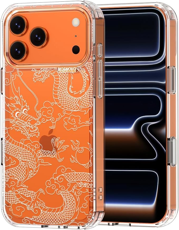 MOSNOVO for iPhone 17 Pro Max Case | Military Grade 6.6ft Drop Tested | Camera Control | Clear with White Dragon Design