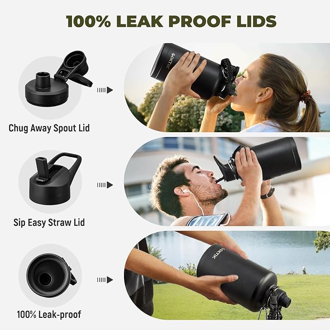 COKTIK 84oz Insulated Water Bottle - Stainless Steel Vacuum Metal, Portable ½ Gallon Large-Capacity Sports Bottle with Straw, Carry Bag and Handle Strap, Ideal for Gym & Hiking（Black)