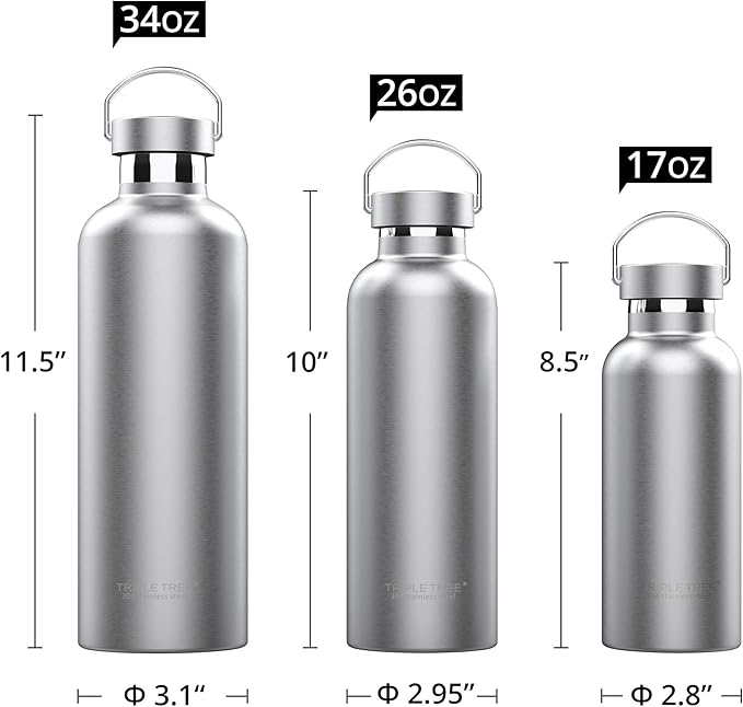 Triple Tree 17OZ Vacuum Insulated Stainless Steel Water Bottle, Double Wall Wide Mouth Lids Keeps beverage Hot or Cold Sweat Proof