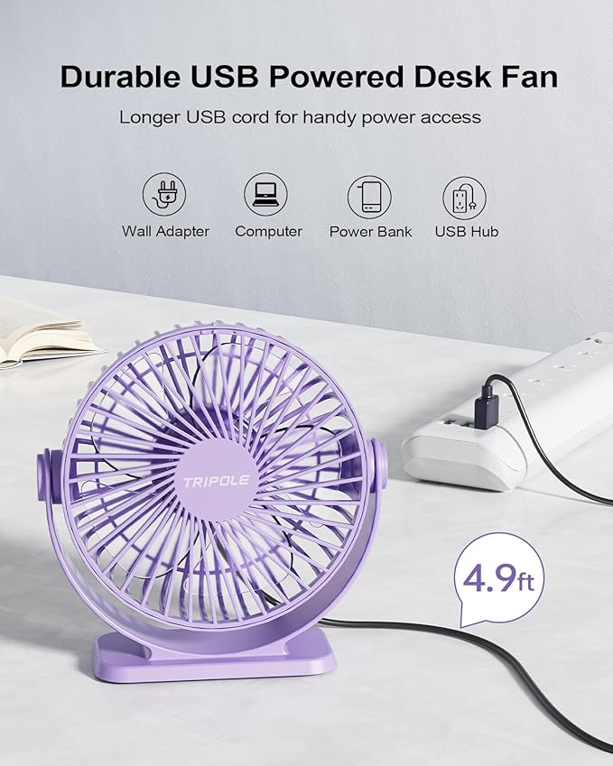 TriPole Desk Fan USB Powered Mini Portable Fan 3 Speeds Strong Airflow Small USB Fans 360°Rotation Personal Travel Fan 5.1 Inch for Home Office Table Bedroom Bedside Desktop, Purple, 4.9ft Cable