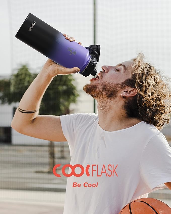 Coolflask Water Bottle 40 oz Insulated with Straw, Stainless Steel Metal 3 Lids Water Flask for Sports or Office, Keep Cold 48H Hot 24H, Purple Black
