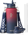 Coolflask Water Bottle with Straw, 32 oz Insulated Metal Water Flask with Straw & Spout Lids, Stainless Steel Double Wall Vacuum, Keep Cold 48h Hot 24h, Leak Proof, BPA-Free, Wine/Navy