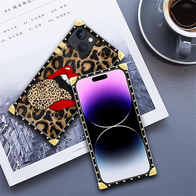 Compatible with iPhone 14 Case, Brown Leopard Print Mouth Luxury Golden Decoration for Girl Women Soft TPU Shockproof Protective Hard PC Back for iPhone 14