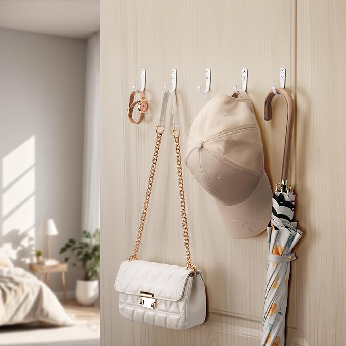 10Pcs Wall Hooks for Bathroom, Kitchen, Closet, and Garage - White Metal Hooks for Hanging Coats, Towels, Hats, Keys, Bags, and Coffee Cups - Holds Up to 40 lbs
