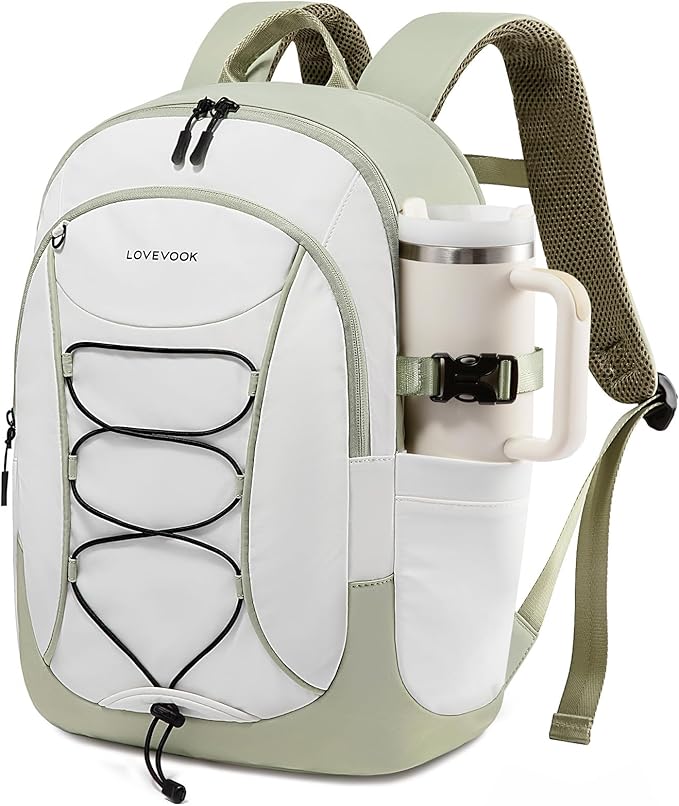 LOVEVOOK Mens Backpack with Giant Tumbler Holder Pocket,15.6 Inch Everyday Laptop Backpack Commuter Travel Work Computer Bag for Women,Casual Hiking College Teacher Back Pack Daypack,White-Bean Green
