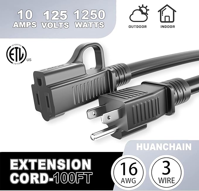 HUANCHAIN Indoor Outdoor Black Extension Cord 100 ft Waterproof, 16/3 Gauge Flexible Cold-Resistant Appliance Extension Cord Outside, 10A 1250W 16AWG SJTW, 3 Prong Electric Cable, ETL