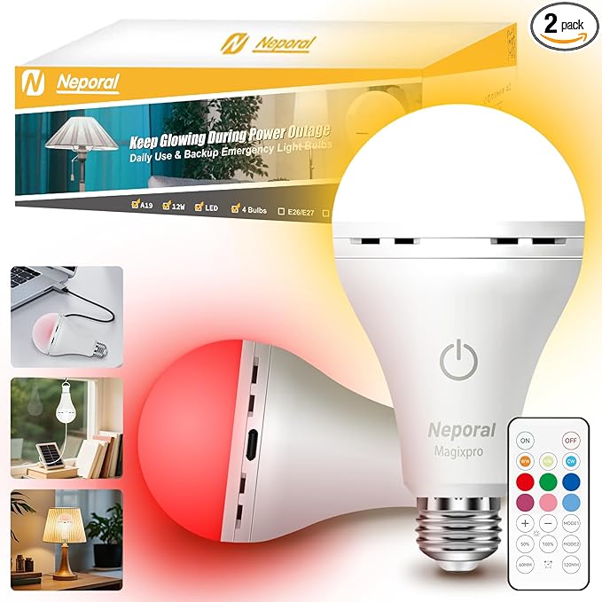 Neporal MagixPro RGB Remote Rechargeable Light Bulbs, Dual Recharge (USB & Socket Charging), Color Changing Dimmable LED Bulb, No Outlet Needed, Touch + Remote Control, Non Electric Lighting, 2 Pack