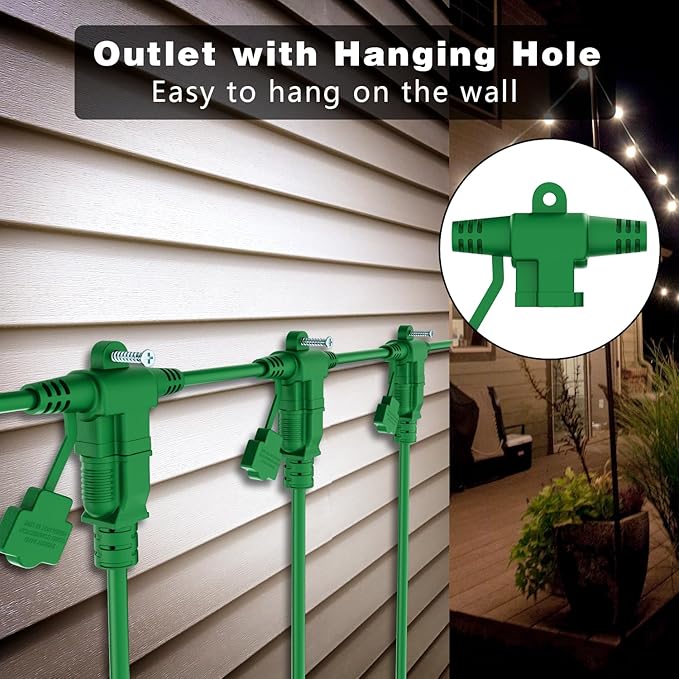 K KASONIC - Outdoor Extension Cord 25 FT, Evenly Spaced 3 Outlets Plugs, 16/3 SJTW Weatherproof Multiple Outlets Wire for Landscaping Light, Holiday Decoration and Christmas, ETL Listed, Green
