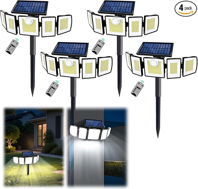 MDCMDCM Solar Lights Outdoor Waterproof Motion Sensor - 416 LEDs 3000 Lumens Super Bright 3 Brightness 3 Modes 2400mAh 360° Illumination 32ft Solar Flood Security Light for Outside (with Stakes, 4)