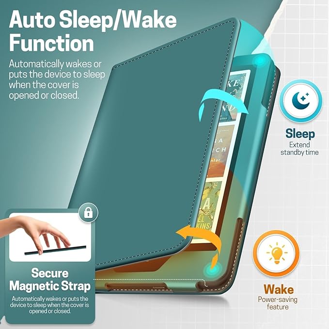 TNP Stand Case for Kindle Paperwhite 12th Generation 2024 / Kindle Colorsoft Signature Edition with Hand Strap & Card Slot - 7" PU Leather Protective Folio Cover with Auto Wake/Sleep, Dark Green
