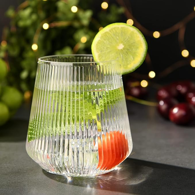 hotder Stemless Wine Glasses Set of 4, 12 oz Tritan Unbreakable, Vertical Design, Dishwasher-Safe, Red Wine Glasses for Home, Party and Outdoors