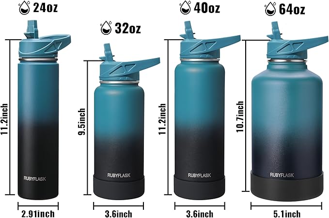 RUBYFLASK 24oz Insulated Water Bottle with Straw, Stainless Steel Metal Vacuum Water Flask, Large Thermal Water bottle with Leakproof 3 Lids for Travel, Camping, Gym Sports Black