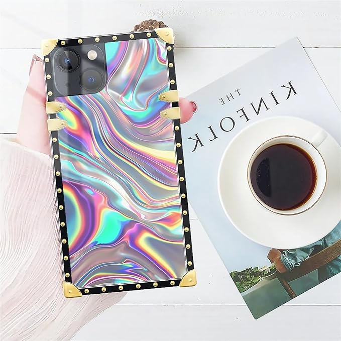 Compatible with iPhone 13 Case, Holographic Abstract Iridescent Textures Luxury Golden Decoration for Girl Women Soft TPU Shockproof Protective Hard PC Back for iPhone 13