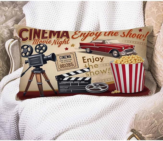 EKOBLA Throw Pillow Case 12x20 Inch Cinema Retro Poster Letters Movie Night Enjoy The Show Pop Corn Projector Studio Decorative Throw Pillow Cover Rectangle Cushion Covers Cotton Linen 12x20 Inch