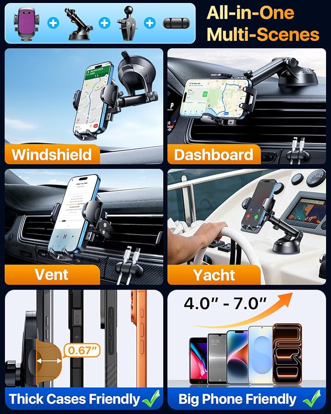 YRU [True Upgrade for Safety] Car Phone Holder Mount [Patent & Military-Grade] Dashboard Cell Phone Holder for Car Vent Windshield Phone Stand for iPhone 17 16 15 14 13 Pro Max Truck Samsung, Purple