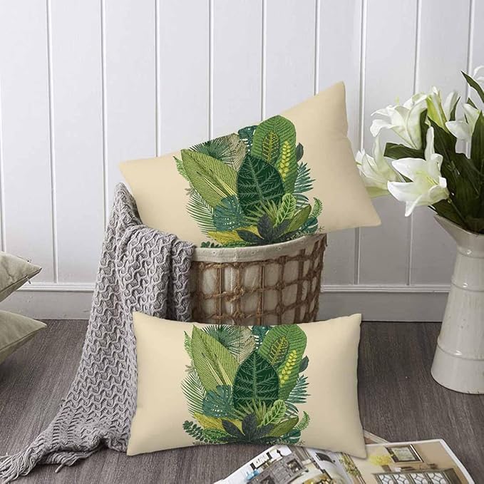 Tropical Leaves Palm 12 X 20 Throw Pillow Covers Set of 2 Green Tree Banana Leaf Alocasia Fern Monstera Cushion Pillow Cases Velvet Outdoor Decorative Home Bed Sofa Couch Office Hotel