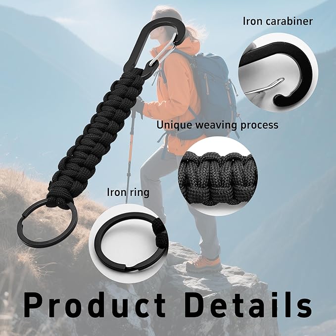 3PCS Paracord Keychain with Carabiner Clip, Braided Rope Key Chain Lanyard, Heavy Duty Paracord Keychain Ring for Men Women Outdoor Camping Hiking Backpack Survival Gear, Black