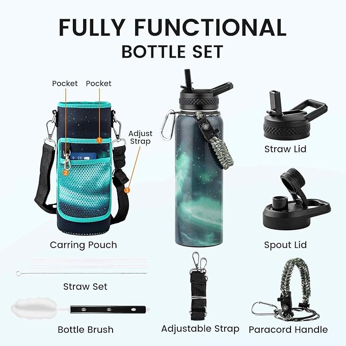 RAYMYLO Insulated Water Bottle 32 oz, Triple Wall Vacuum Stainless Steel (Cold for 24Hrs, Hot for 12Hrs), Leak Proof & Non-BPA, Modern Water Flask Jug with Paracord Handle & Straw Spout Lids