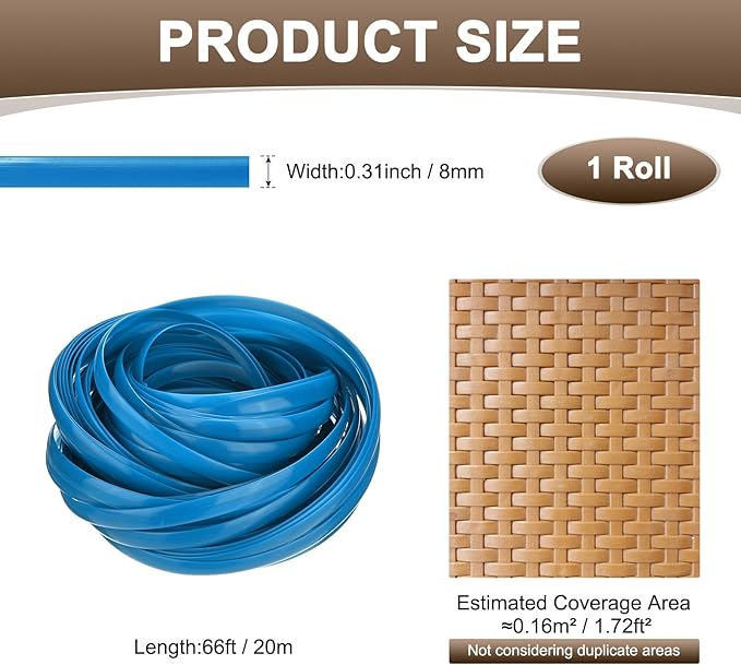 M METERXITY 1-Pack Wicker Repair Kit, 8mm x 66ft/20m Plastic Flat Rattan Replacement Supplies for Patio Furniture Repair/Basket Making/Chair Weaving, Synthetic Woven Rattan [Blue]