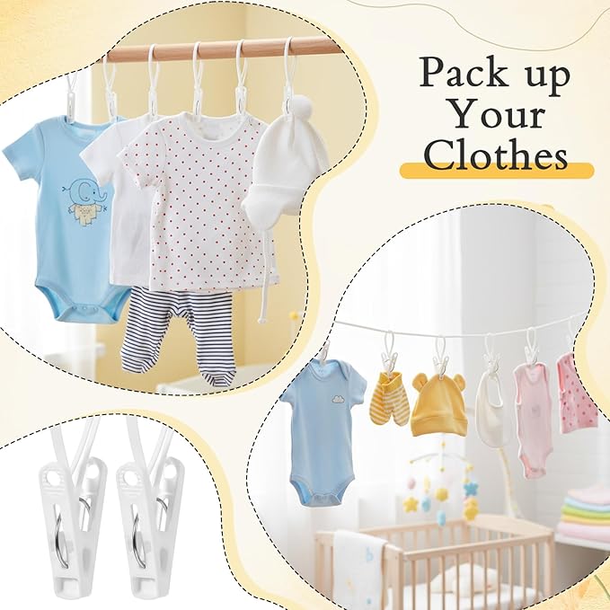 90 Pack Multi-Purpose Laundry Hooks Hanging Clips Bulk with Plastic Rope, White Clips for Hangers, Plastic Hanger Clip for Pants Hat Sock Boot Bra Towel Bathroom Wardrobe Kitchen (White)