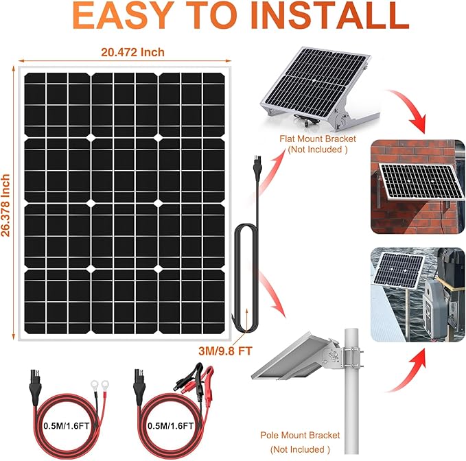 SUNER POWER 24V 50W Solar Battery Charger Maintainer, Built-in Ultra Smart MPPT Charge Controller, Waterproof 50 Watt Solar Panel Trickle Charging Kit for 24Volt AGM, Lead-Acid, Lifepo4 Battery