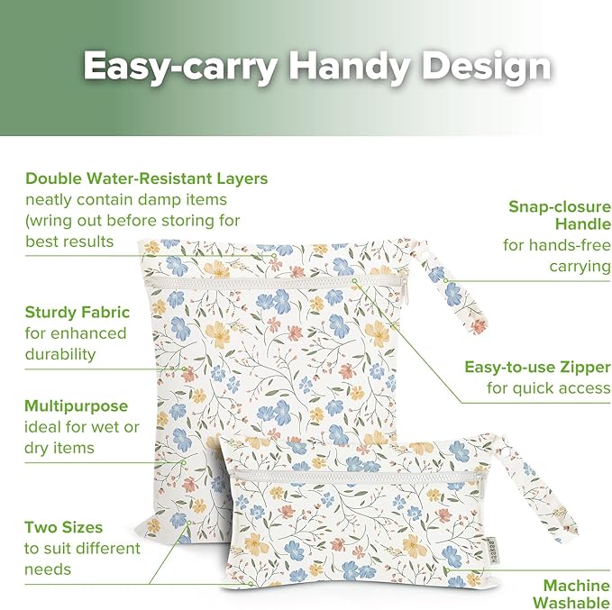 haakaa Water Resistant Wet Bags for Baby Wet Dry Bags for Cloth Diaper, Reusable Wet Bags for Baby Items, Swimsuit & Travel, 2pcs, Garden Flow